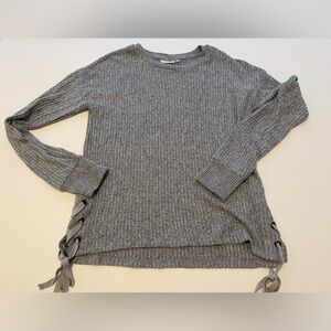 SO Gray Ribbed Lace Up Side Sweater Size S Cozy Knit Pullover